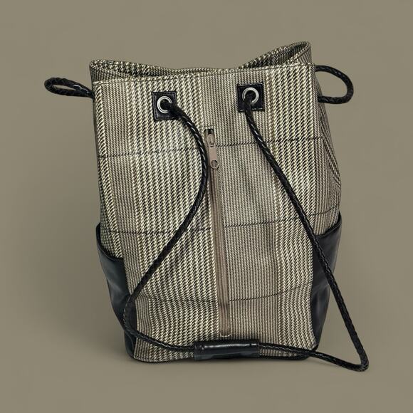 Saks Fifth Avenue Vegan Leather Backpack Tote Handbag Brown & Tan Plaid Unisex - Picture 2 of 9